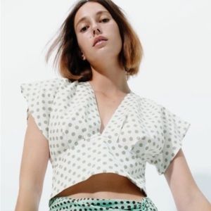 Zara Ecru Tie back Polka Dot Cropped Top XS